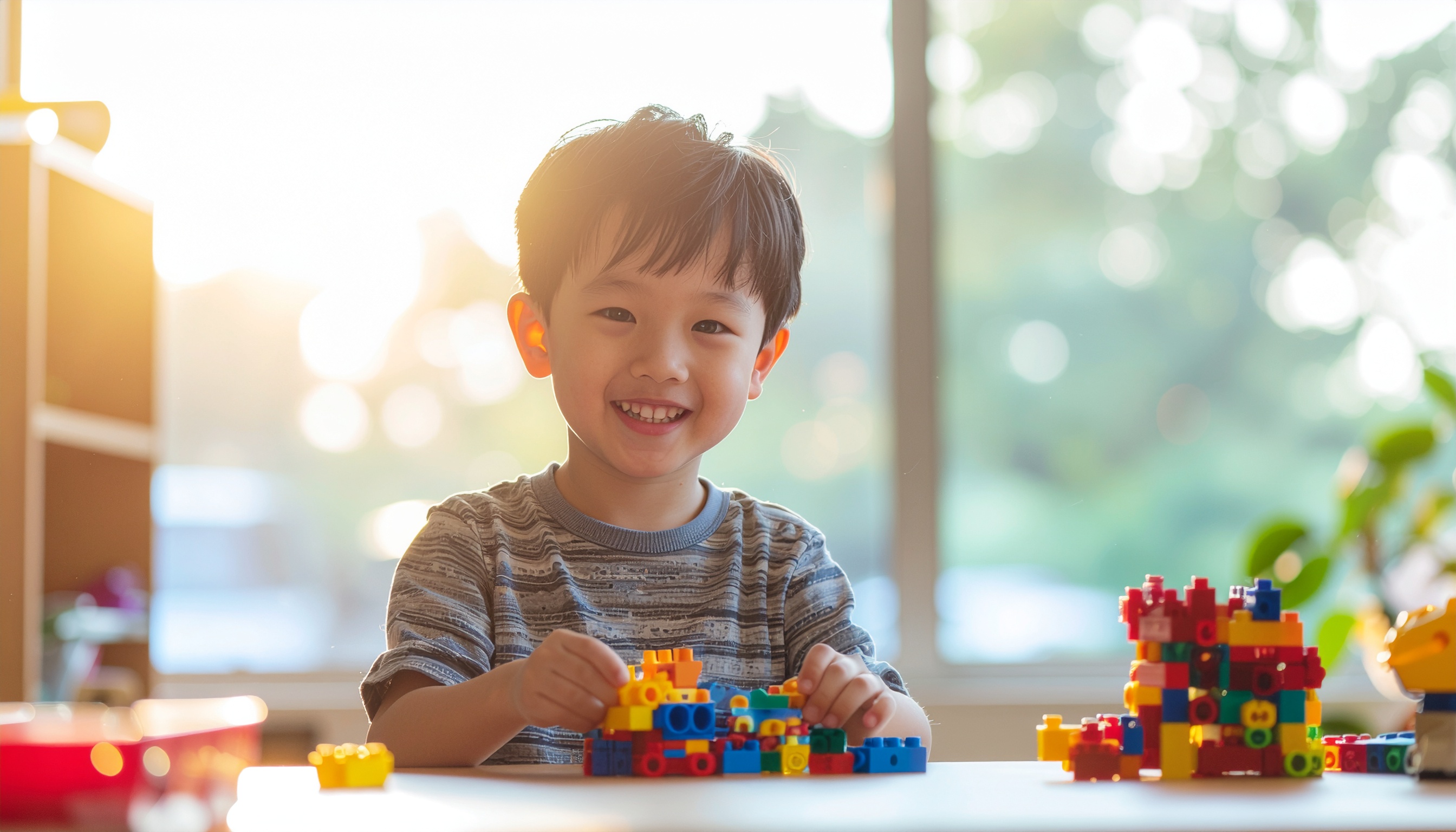 Smiling Child Playing with Colorful Building Blocks